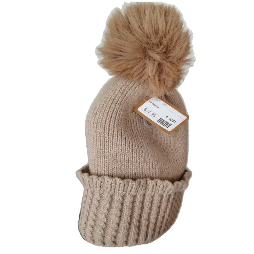 Womens Knit Pom-Pom Beanie‎ OS Tan Brown Fleece Lined Winter Ski Lodge Normcore
